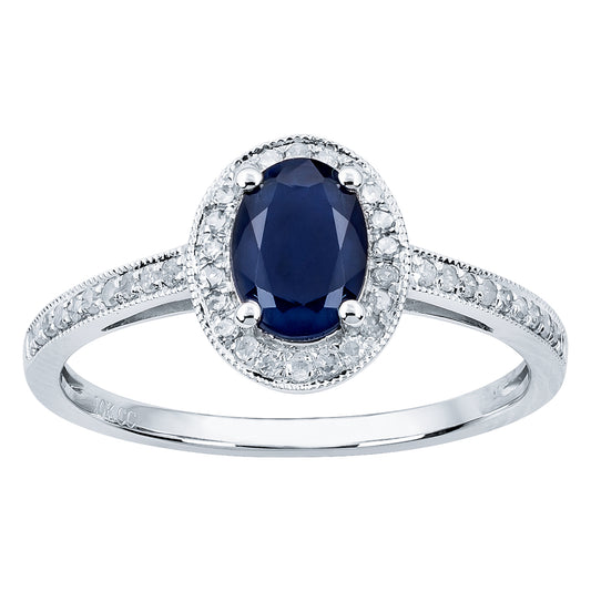 10k White Gold Genuine Oval Sapphire and Diamond Halo Ring