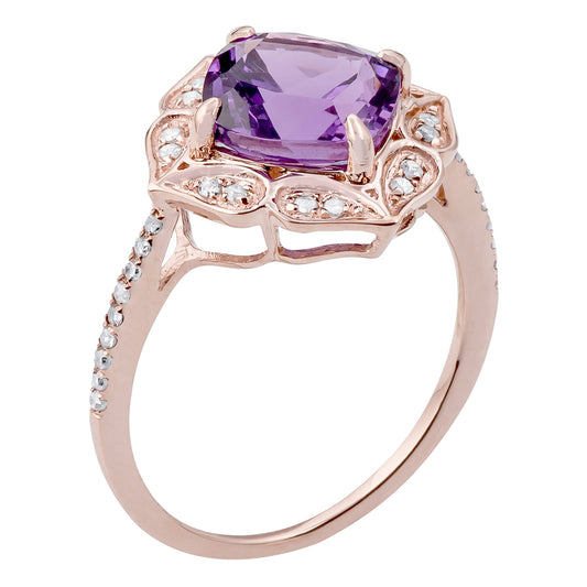 10k Rose Gold Vintage Style Cushion Amethyst and Diamond Ring
