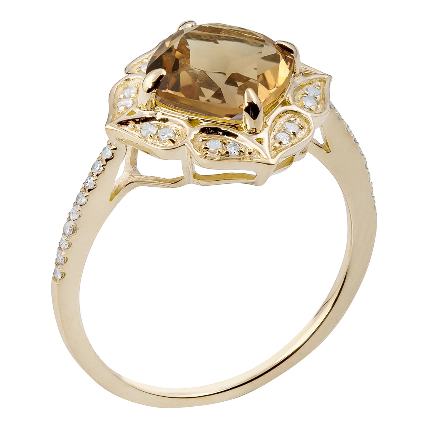 10k Yellow Gold Vintage Style Cushion Citrine and Diamond Ring