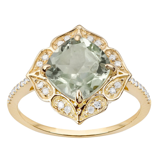 10k Yellow Gold Vintage Style Cushion Green Amethyst and Diamond Ring