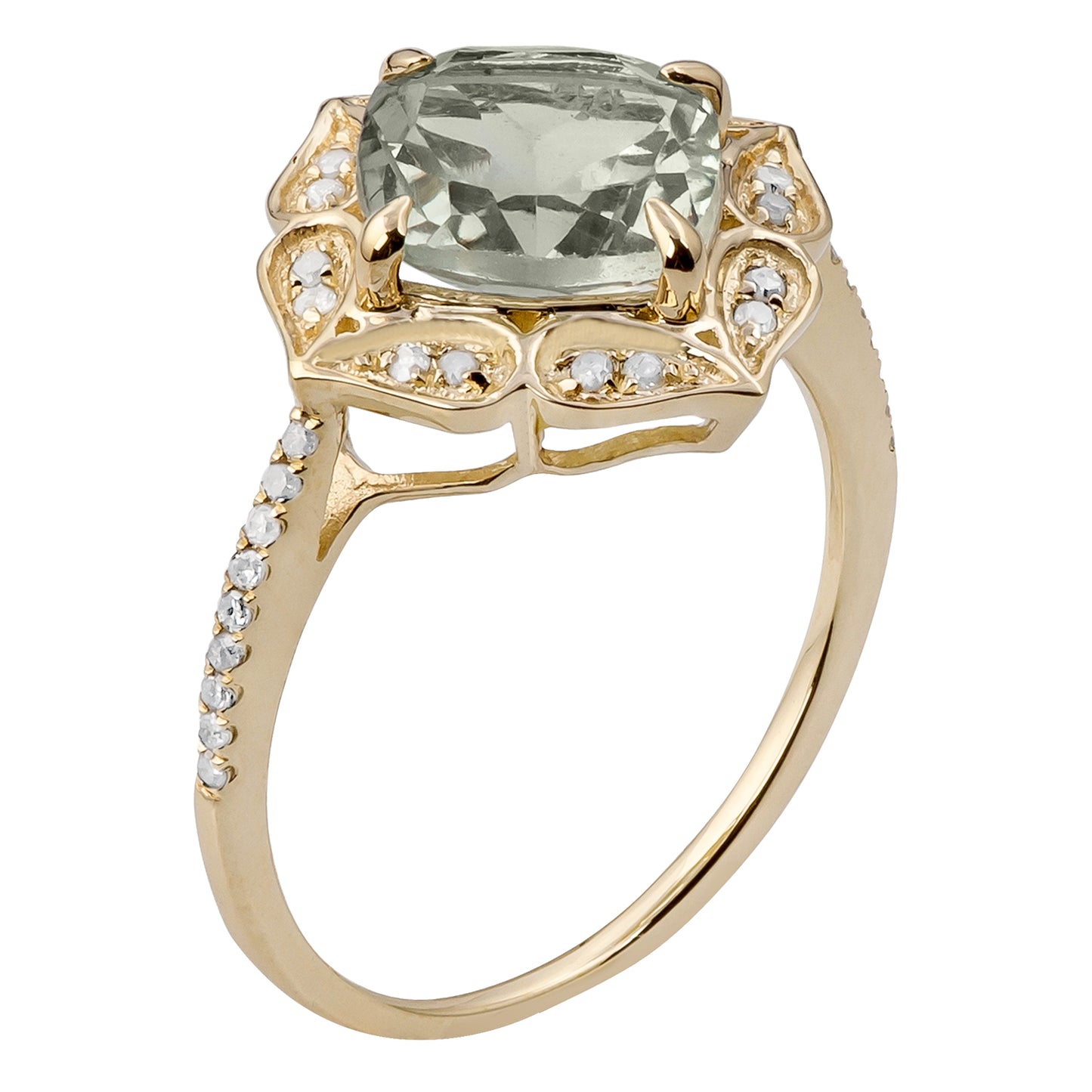 10k Yellow Gold Vintage Style Cushion Green Amethyst and Diamond Ring