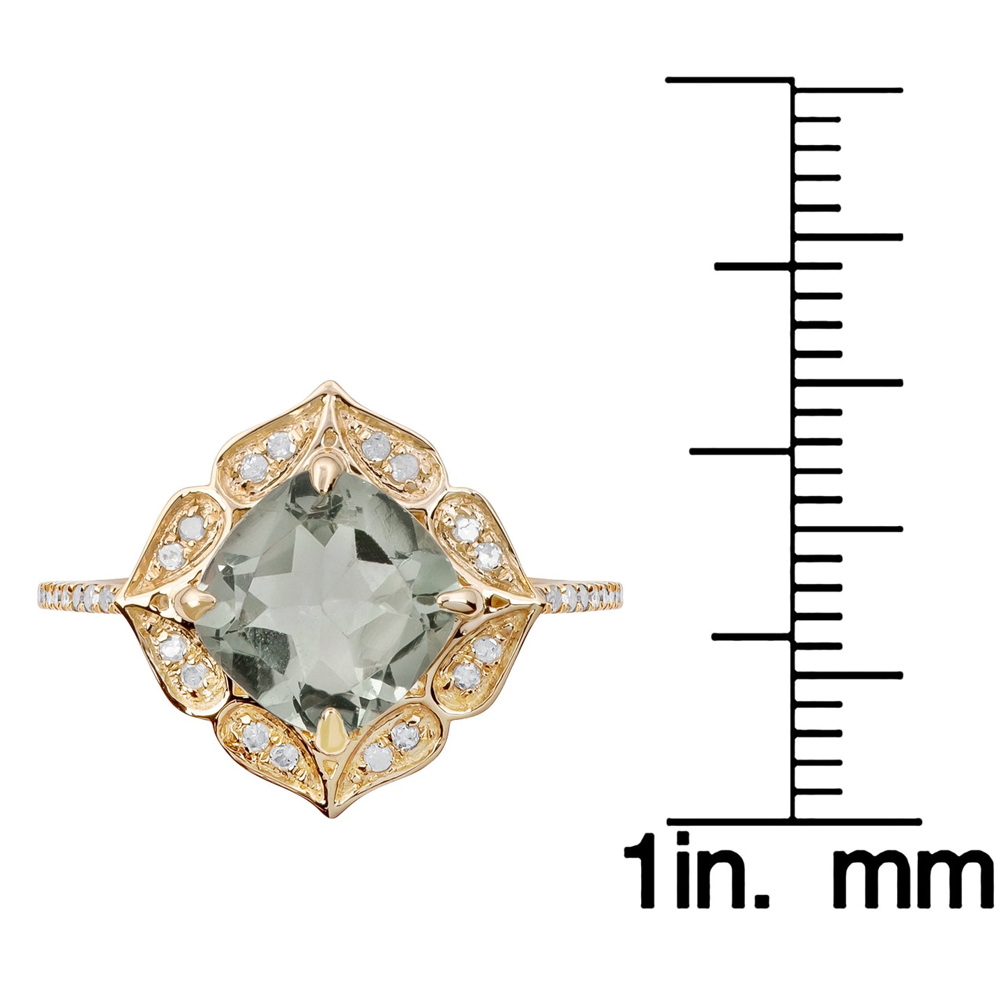 10k Yellow Gold Vintage Style Cushion Green Amethyst and Diamond Ring