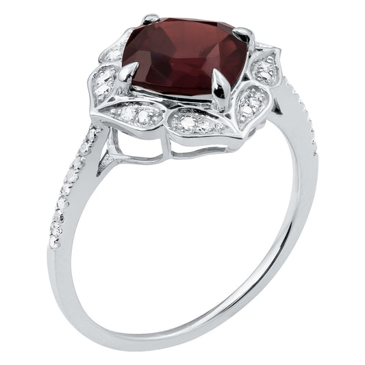 10k White Gold Vintage Style Cushion Garnet and Diamond Ring