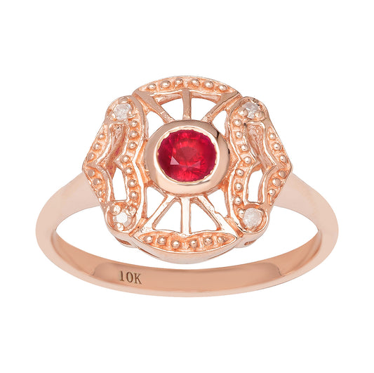 10k Rose Gold Vintage Style Genuine Round Ruby and Diamond Accent Ring
