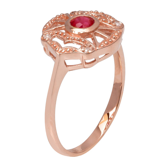 10k Rose Gold Vintage Style Genuine Round Ruby and Diamond Accent Ring