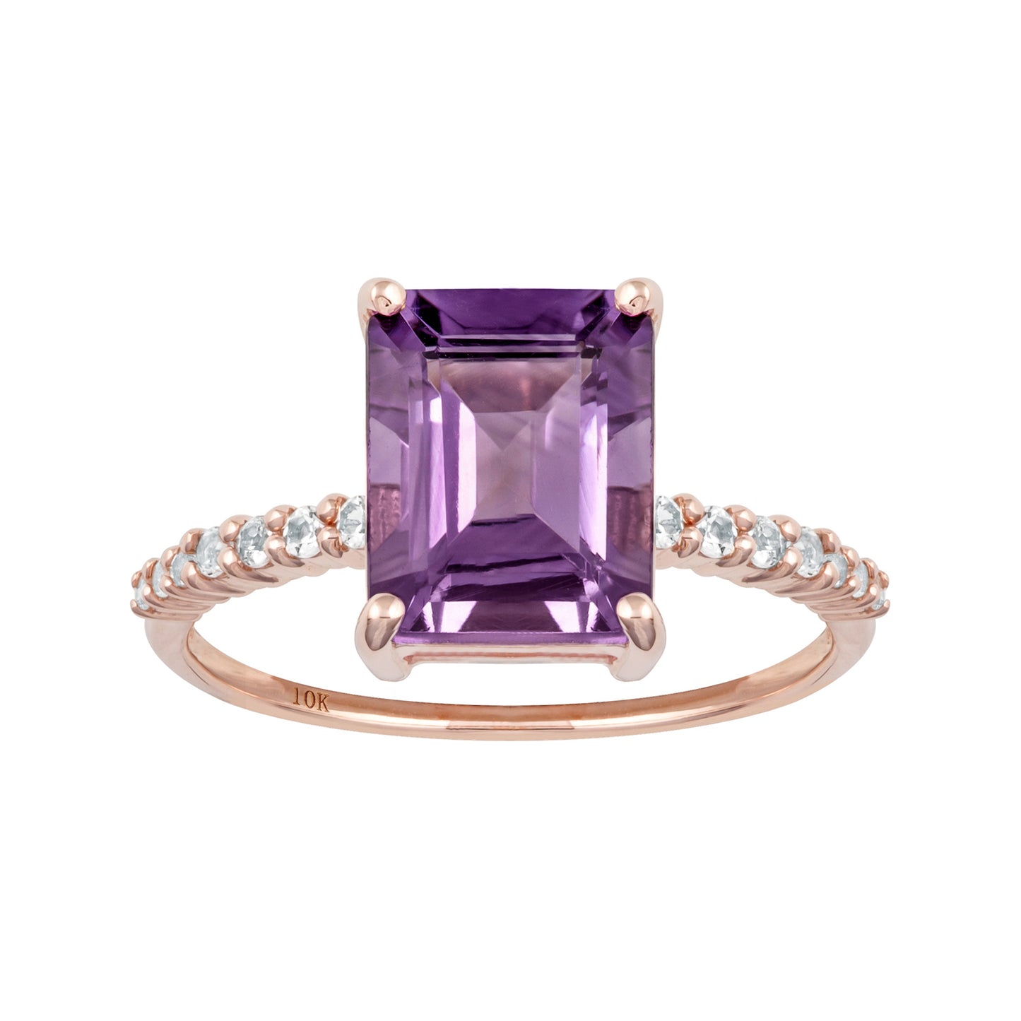 10k Rose Gold Emerald-Cut Amethyst and White Topaz Ring