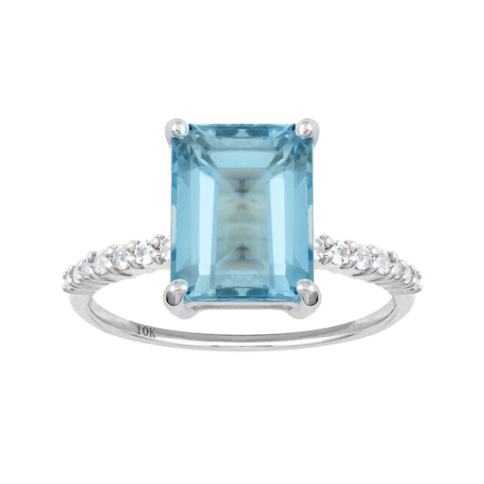 10k White Gold Emerald-Cut Blue Topaz and White Topaz Ring