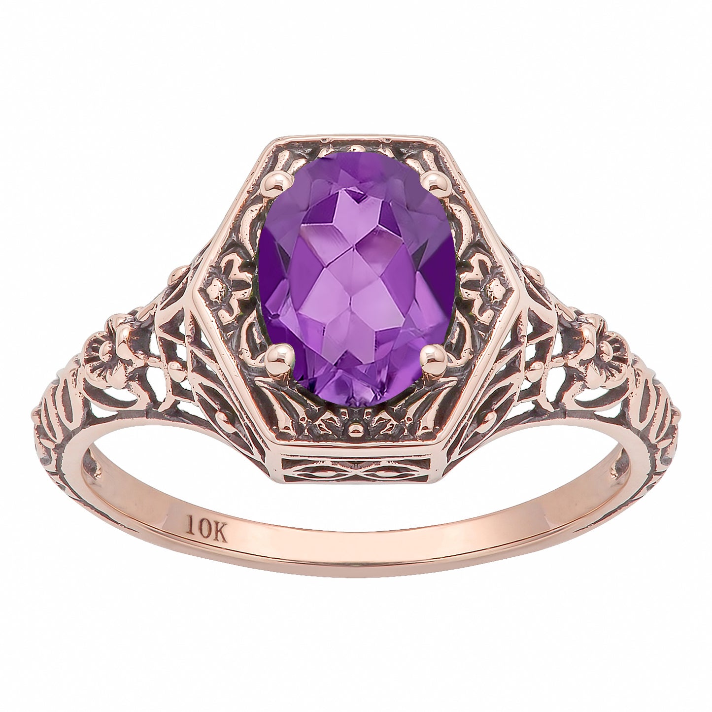10k Rose Gold Vintage Style Genuine Oval Amethyst Filigree Ring