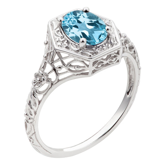 10k White Gold Vintage Style Genuine Oval Blue Topaz Filigree Ring