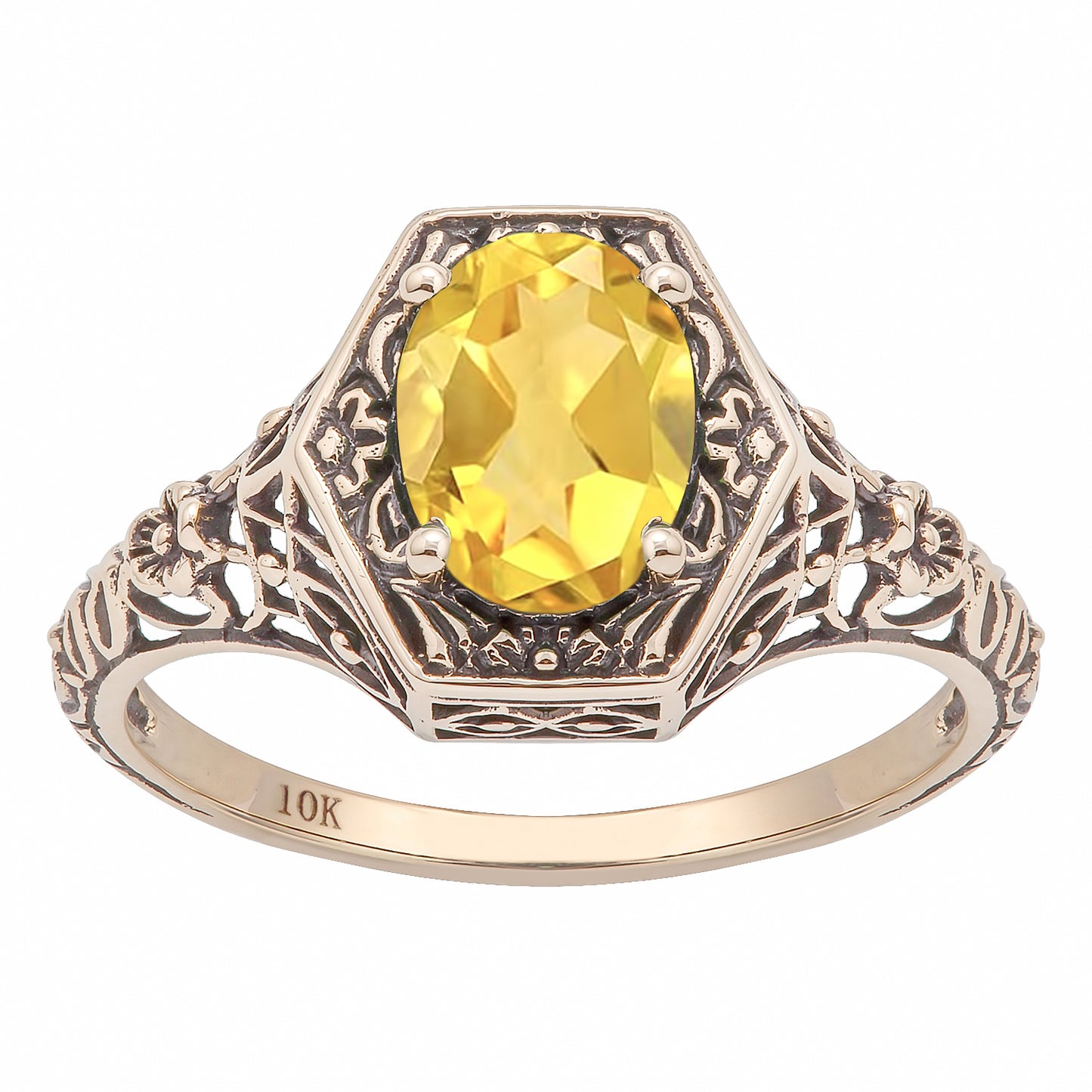 10k Yellow Gold Vintage Style Genuine Oval Citrine Filigree Ring