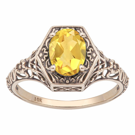 10k Yellow Gold Vintage Style Genuine Oval Citrine Filigree Ring