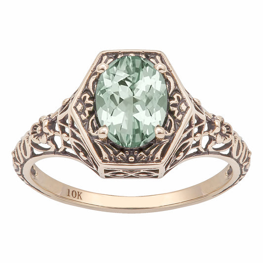 10k Yellow Gold Vintage Style Genuine Oval Green Amethyst Filigree Ring
