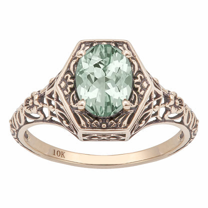 10k Yellow Gold Vintage Style Genuine Oval Green Amethyst Filigree Ring