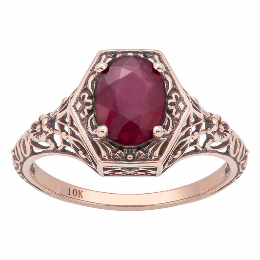 10k  Rose Gold Vintage Style Genuine Oval Ruby Filigree Ring