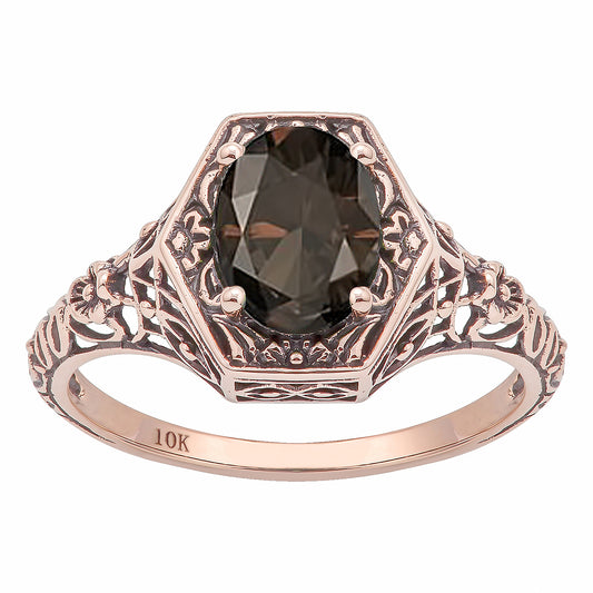 10k Rose Gold Vintage Style Genuine Oval Smoky Quartz Filigree Ring