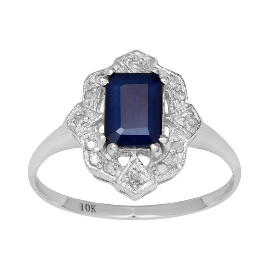 10k White Gold Vintage Style Genuine Emerald-Cut Sapphire and Diamond Ring