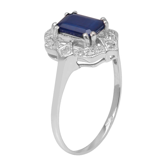 10k White Gold Vintage Style Genuine Emerald-Cut Sapphire and Diamond Ring