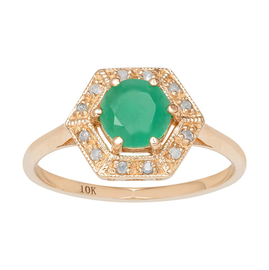 10k Yellow Gold Vintage Style Genuine Round Emerald and Diamond Halo Ring
