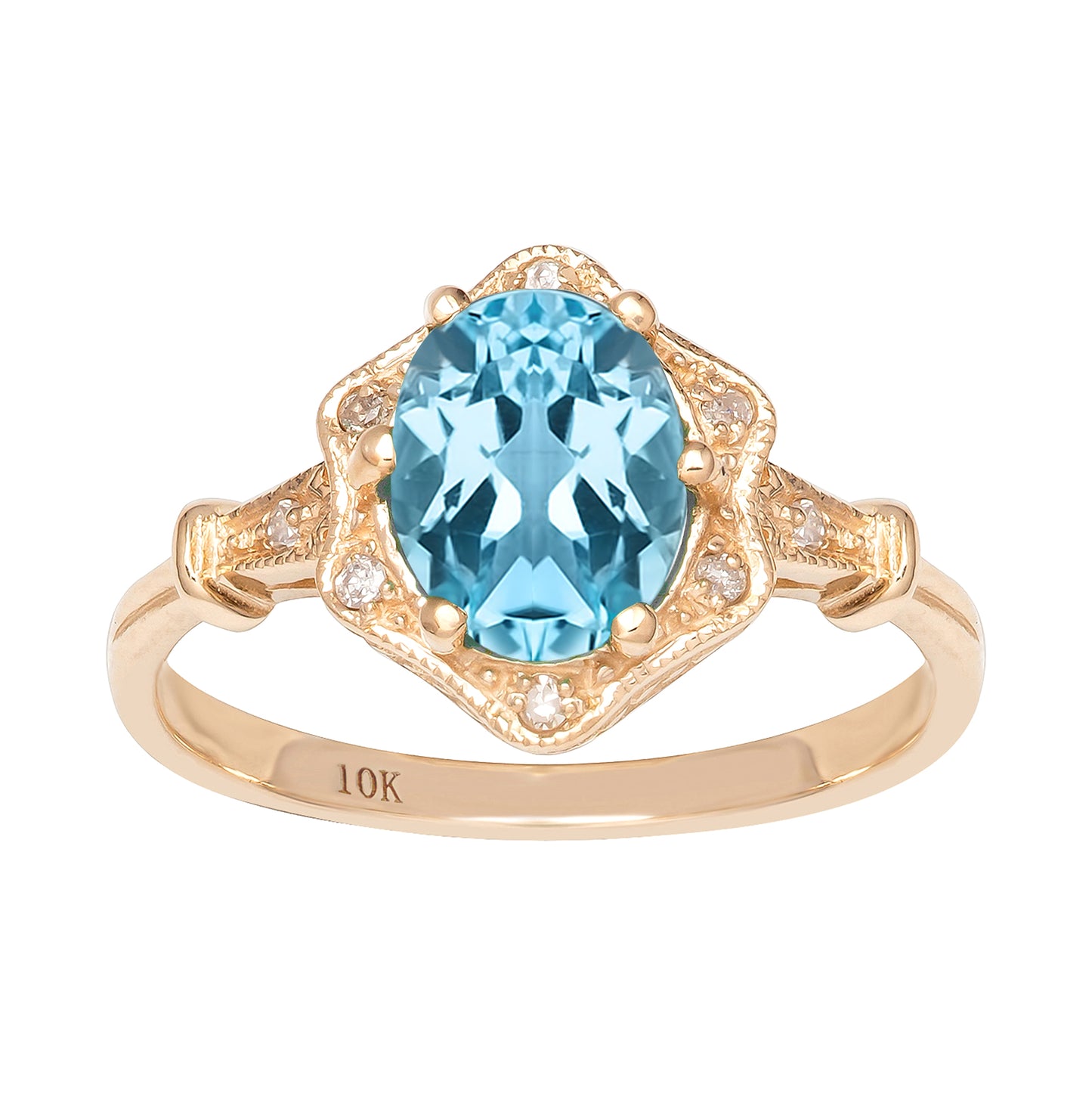 10k Yellow Gold Vintage Style Genuine Oval Blue Topaz and Diamond Halo Ring