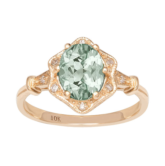 10k Yellow Gold Vintage Style Genuine Oval Green Amethyst and Diamond Halo Ring