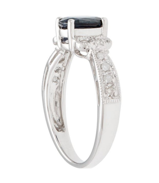 10k White Gold Vintage Style Oval Sapphire and Diamond Ring