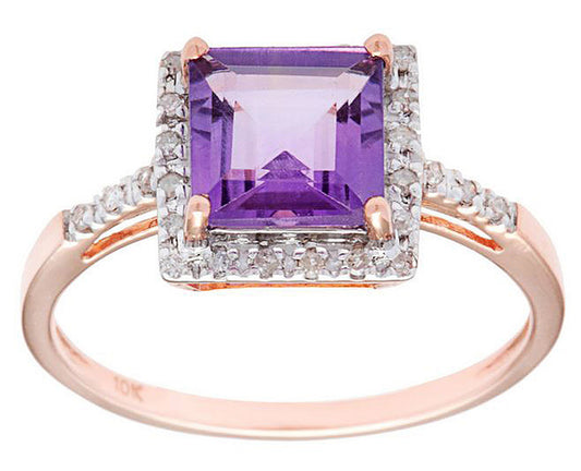 10k Rose Gold Square Amethyst and Diamond Halo Ring