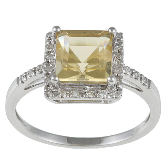 10k White Gold Square Citrine and Diamond Halo Ring