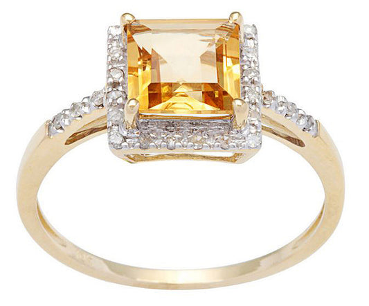 10k Yellow Gold Square Citrine and Diamond Halo Ring