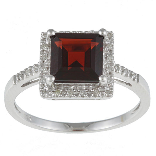 10k White Gold Square Garnet and Diamond Halo Ring