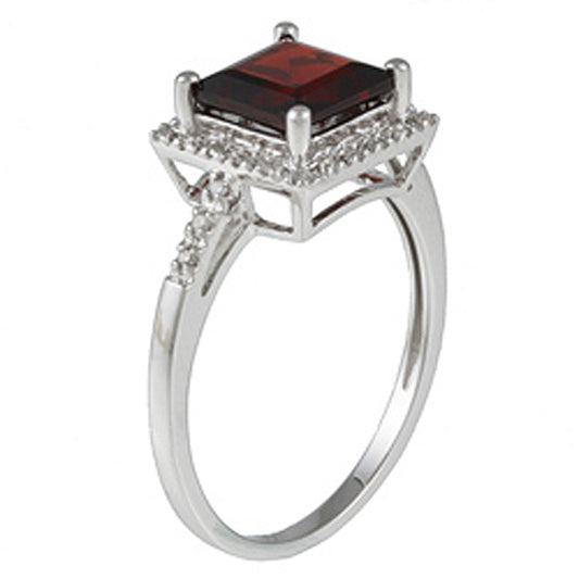 10k White Gold Square Garnet and Diamond Halo Ring