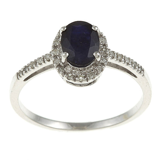 10k White Gold Oval Blue Sapphire and Diamond Halo Ring