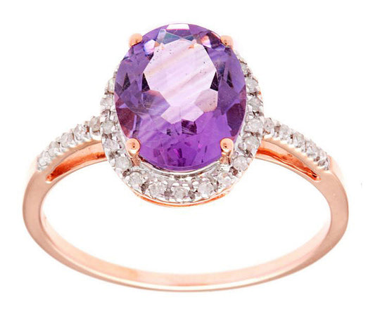 10k Rose Gold Oval Amethyst and Diamond Halo Ring