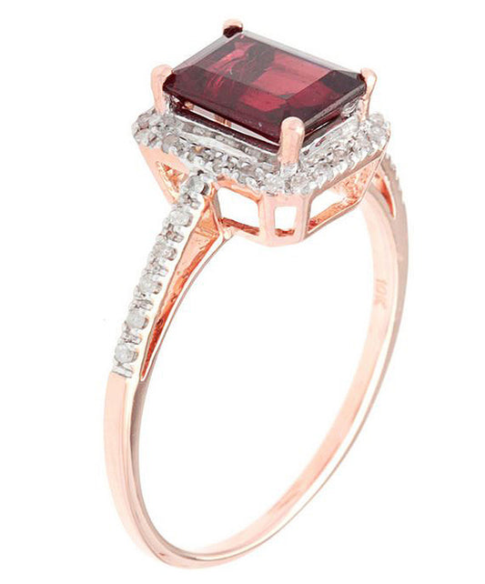 10k Rose Gold Emerald-Cut Garnet and Diamond Halo Ring