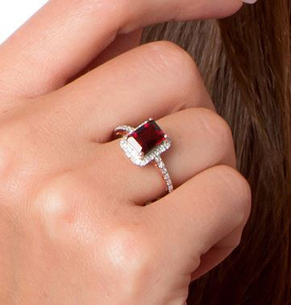 10k Rose Gold Emerald-Cut Garnet and Diamond Halo Ring