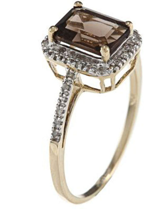10k Yellow Gold Emerald-Cut Smoky Quartz and Diamond Halo Ring