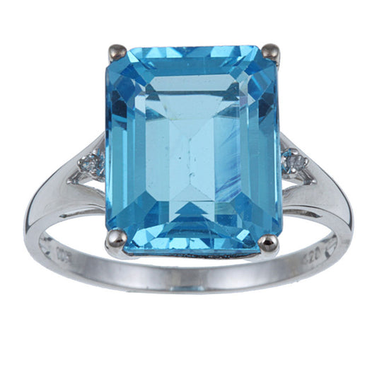 10k White Gold Emerald-Cut Blue Topaz and Diamond Accent Ring