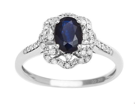 10k White Gold Vintage Style Oval Blue Sapphire and Halo Diamond Ring