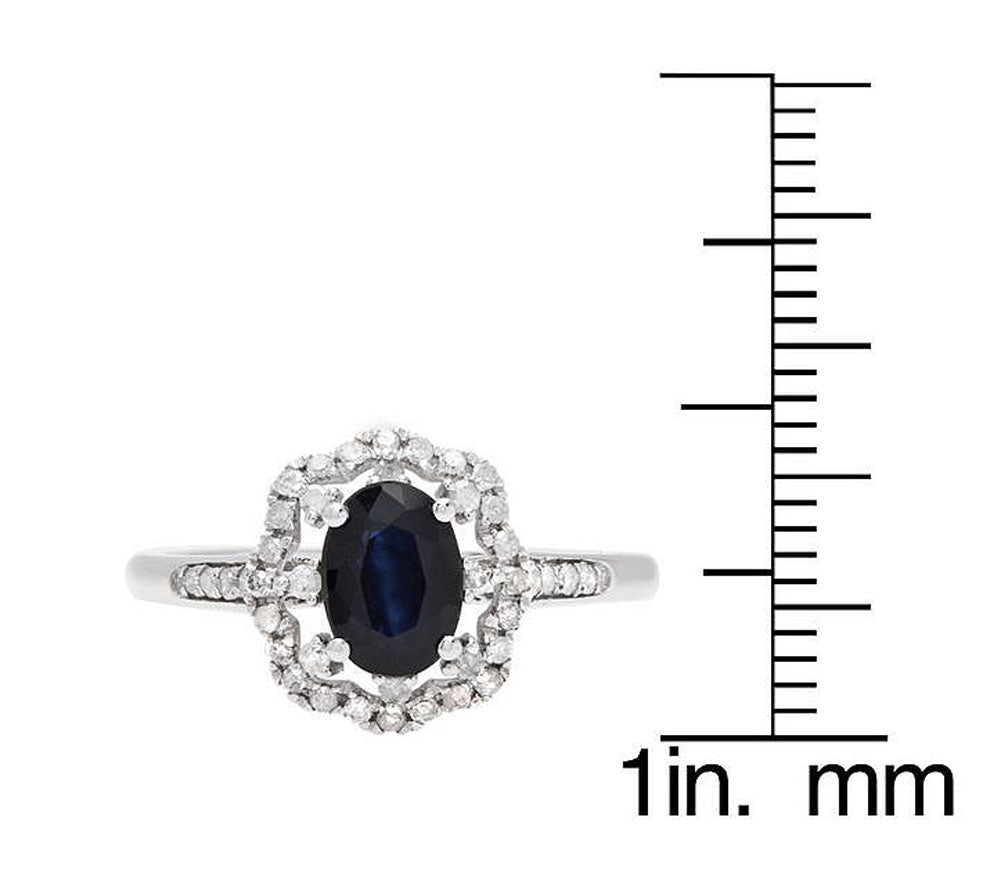 10k White Gold Vintage Style Oval Blue Sapphire and Halo Diamond Ring