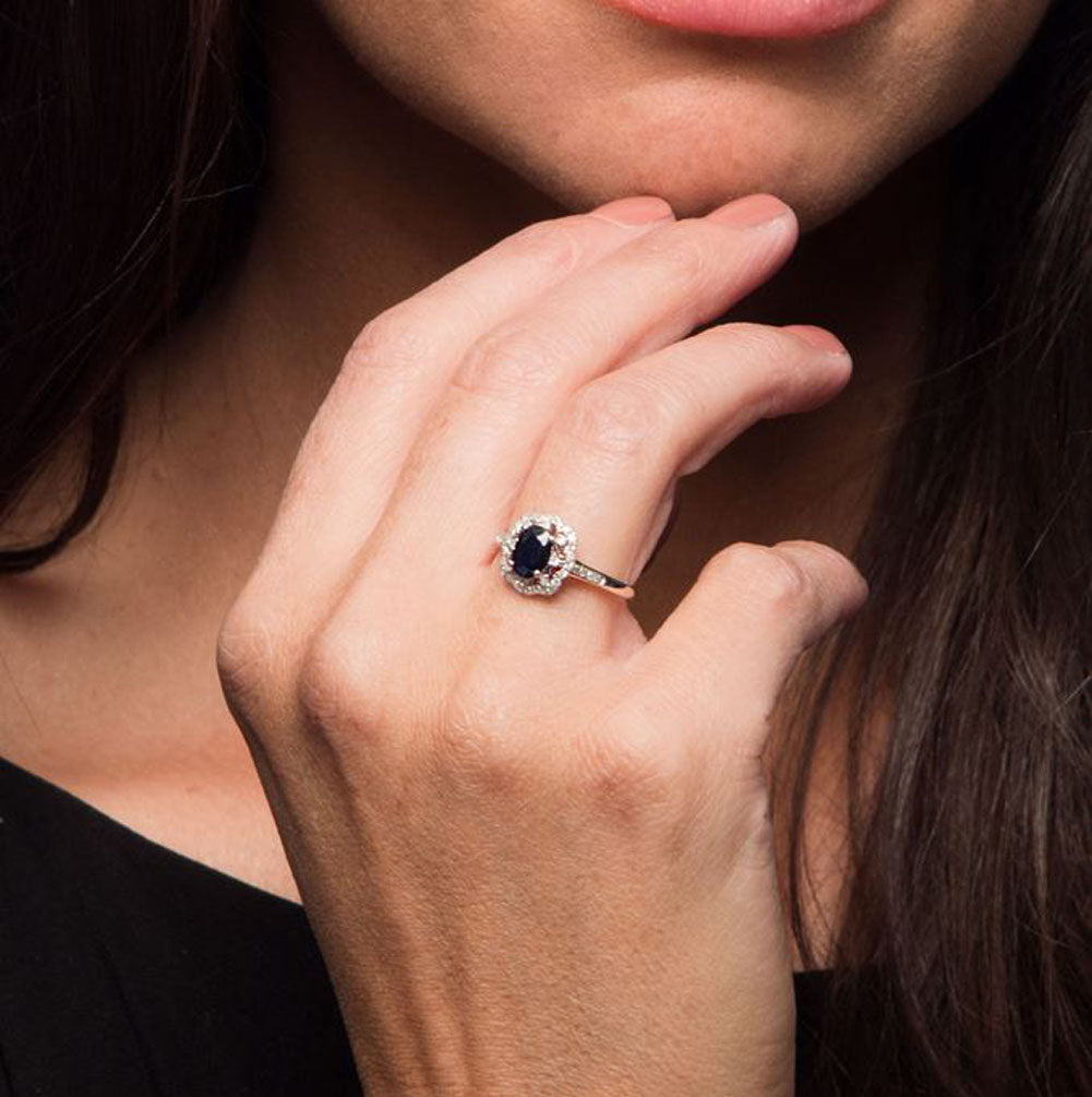10k White Gold Vintage Style Oval Blue Sapphire and Halo Diamond Ring