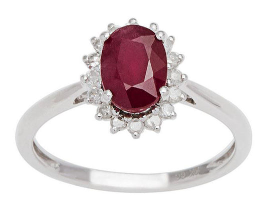 10k White Gold Oval Ruby and Halo Diamond Ring