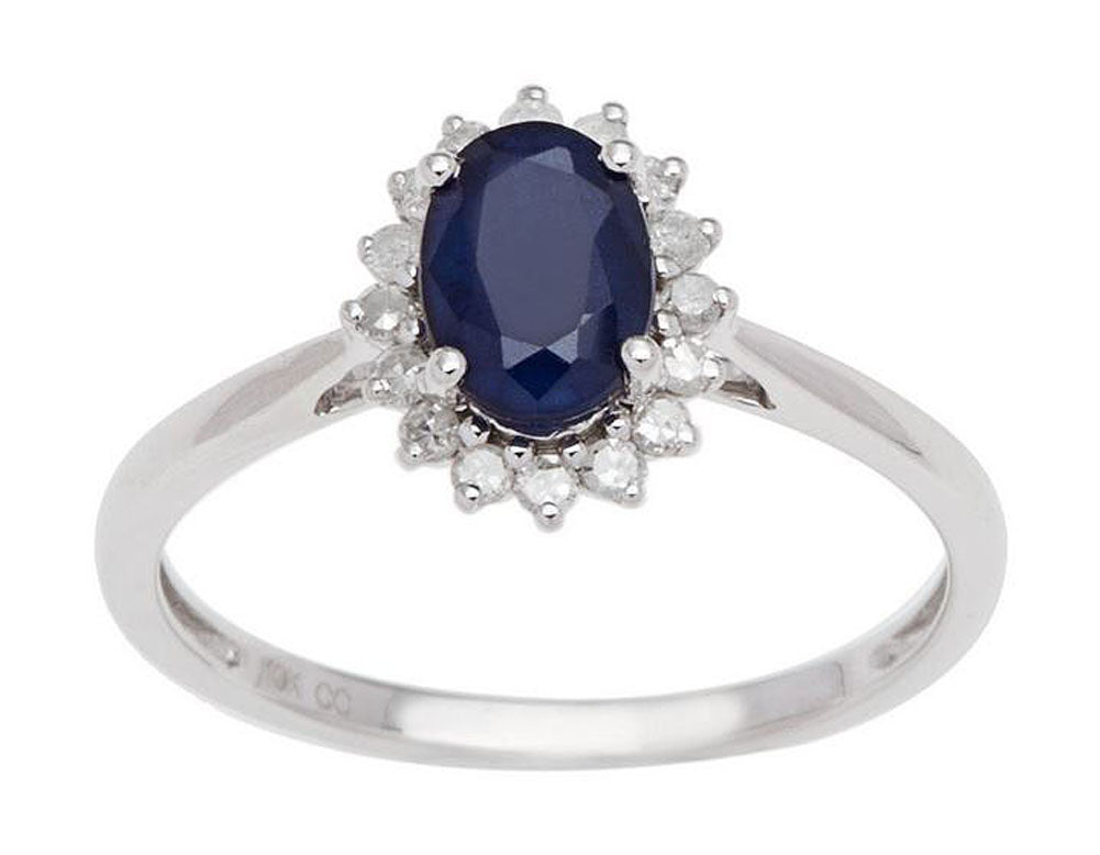 10k White Gold Oval Blue Sapphire and Halo Diamond Ring