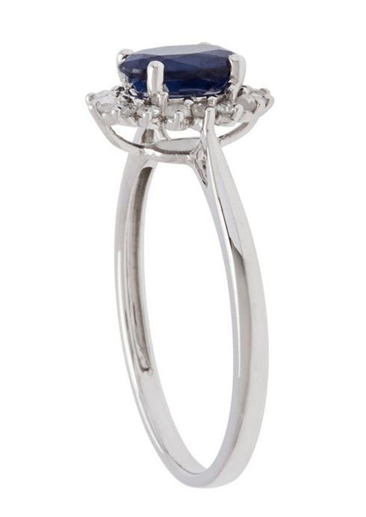 10k White Gold Oval Blue Sapphire and Halo Diamond Ring
