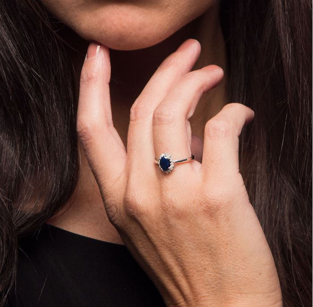 10k White Gold Oval Blue Sapphire and Halo Diamond Ring