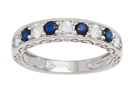 10k White Gold Sapphire and White Sapphire Vintage Style Anniversary Wedding Band