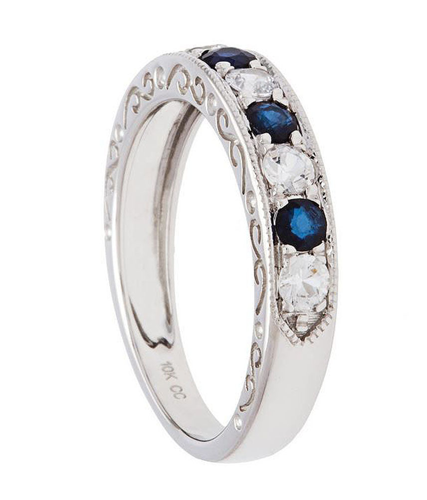 10k White Gold Sapphire and White Sapphire Vintage Style Anniversary Wedding Band