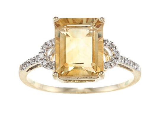 10k Yellow Gold Emerald-Shape Citrine and Diamond Ring