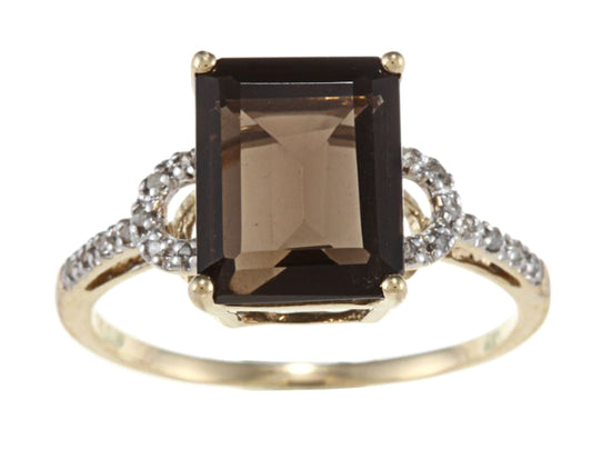 10k Yellow Gold Emerald-Shape Smoky Quartz and Diamond Ring