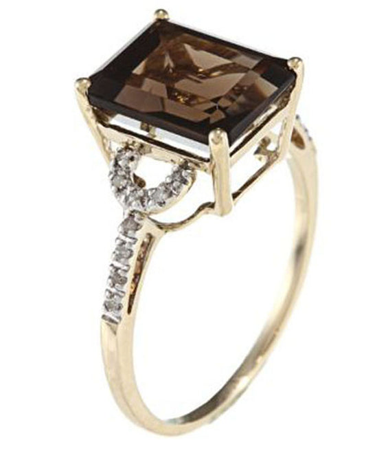 10k Yellow Gold Emerald-Shape Smoky Quartz and Diamond Ring