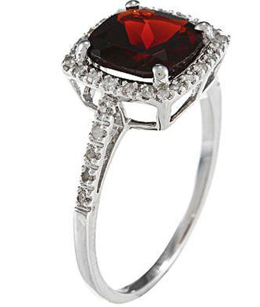 10k White Gold Cushion Garnet and Diamond Halo Ring