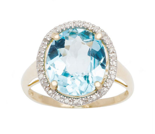 10k Yellow Gold 3.80ct Oval Blue Topaz and Diamond Halo Ring